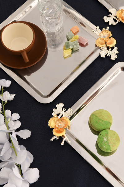 AKSESUAR EVRENİ Voltren Stainless Square Branched Stone Detailed Presentation Tray Silver Set of 3