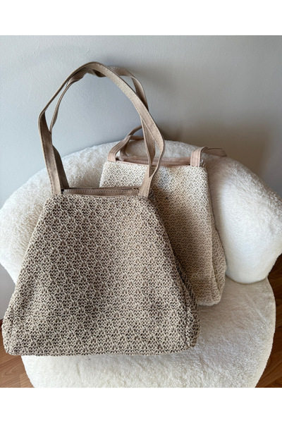 olivia gate Women's Cream Knitted Model Large Size Shoulder Bag