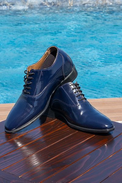 Elevold Handmade Genuine Leather Navy Blue Patent Leather 7 cm Height Increase Hidden Heel Classic Shoes Groom's Shoes