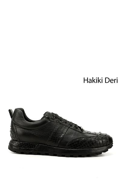 GÖNDERİ(R) Men's Black Python Lace-Up Genuine Leather Comfort Sneaker