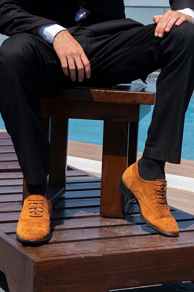 Elevold Handmade Genuine Leather Tan Color Suede 7 cm Height Increase Hidden Heel Classic Shoes Groom's Shoes