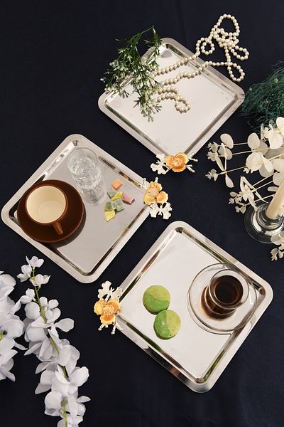 AKSESUAR EVRENİ Voltren Stainless Square Branched Stone Detailed Presentation Tray Silver Set of 3