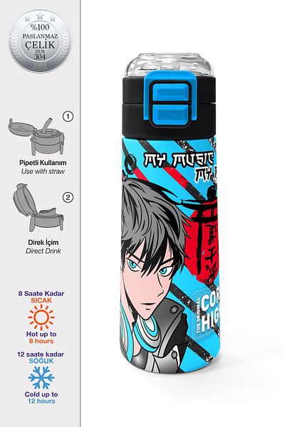 Coral High Kids Black Blue Anime Patterned Steel Thermos with Straw and Direct Drinking 500 ml 31840