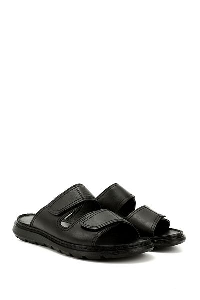 GÖNDERİ(R) Men's Black Double Velcro Genuine Leather Comfort Slippers