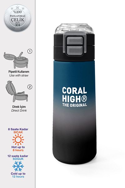 Coral High Kids Nefti Gray Color Transitioning Straw and Direct Drinking Steel Thermos 500 ml 31855