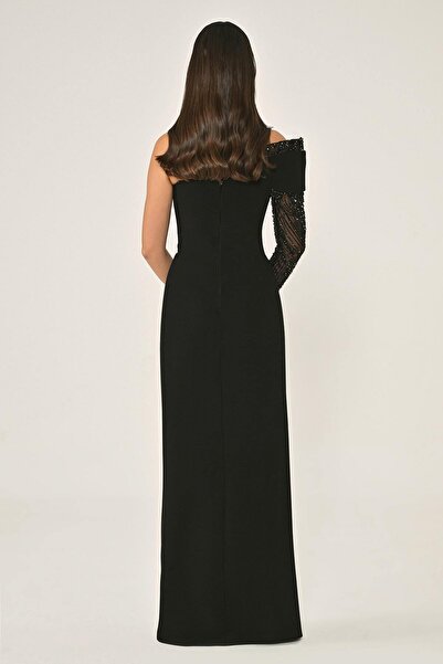 ALFABETA KADIN ABİYE TEK KOLLU TAŞLI  ÖNDEN YIRTMAÇLI KREP UZUN ELBİSE