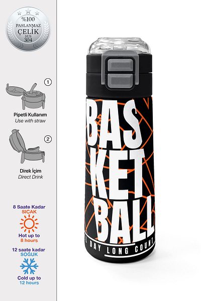 Coral High Kids Black Basketball Patterned Steel Thermos with Straw and Direct Drinking 500 ml 31852