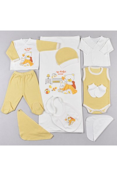 Petino Teddy Bear Embroidered 10-Piece Yellow Newborn Hospital Release Set – 100% Cotton Soft Fabric New Season