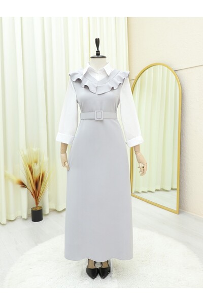 Modamorfo Gray Long Gilet Dress - V-Neck and Belt