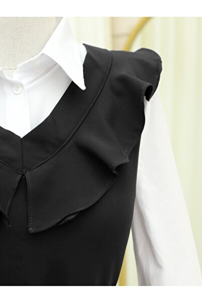 Modamorfo Schwarzes langes Giletkleid mit V-Ausschnitt und Gürtel