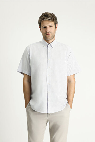 Kiğılı Cămașă cu mânecă scurtă, cu mânecă scurtă, din bumbac în dungi, cu guler cu nasturi, ușor de călcat