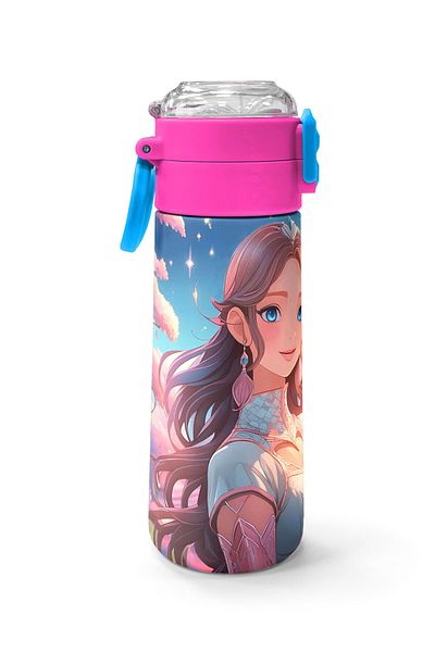 Coral High Kids Turquoise Pink Anime Girl Patterned Straw and Direct Drinking Steel Thermos 500 ml 31858