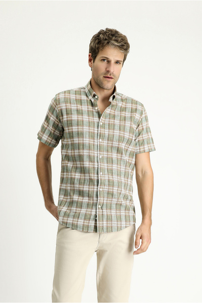 Kiğılı Short Sleeve Regular Fit Plaid Sports Cotton Button Collar Shirt