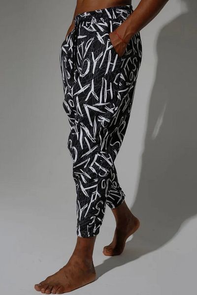 Superbluemexico Men's Text Patterned Loose Smoked Baggy Trousers