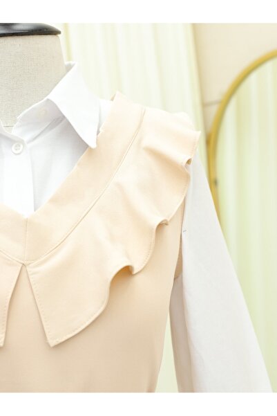 Modamorfo Μακρύ Gilet V Ζώνη Φόρεμα - Κρέμα