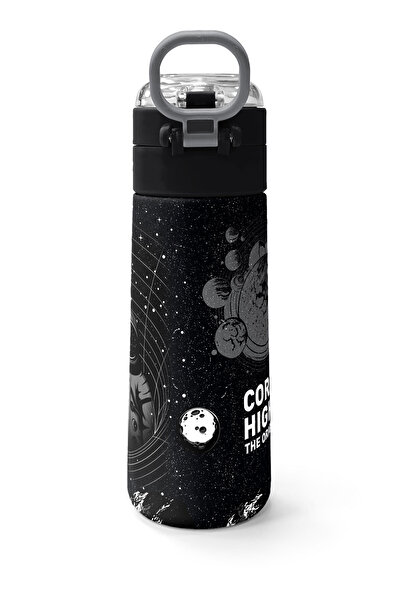 Coral High Kids Black Astronaut Patterned Steel Thermos with Straw and Direct Drinking 500 ml 31857