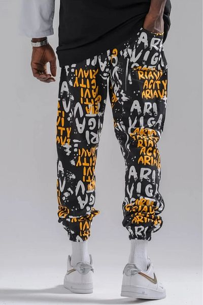 Superbluemexico Men's Letter Patterned Loose Yellow Jogger Pants