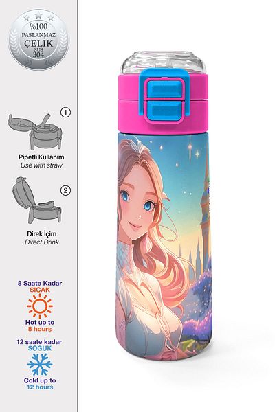 Coral High Kids Turquoise Pink Anime Girl Patterned Straw and Direct Drinking Steel Thermos 500 ml 31858