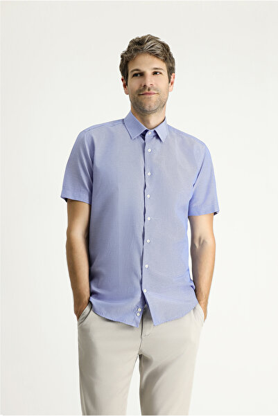 Kiğılı Kısa Kol Slim Fit Dar Kesim Desenli Pamuklu Kolay Ütülenebilir Gömlek