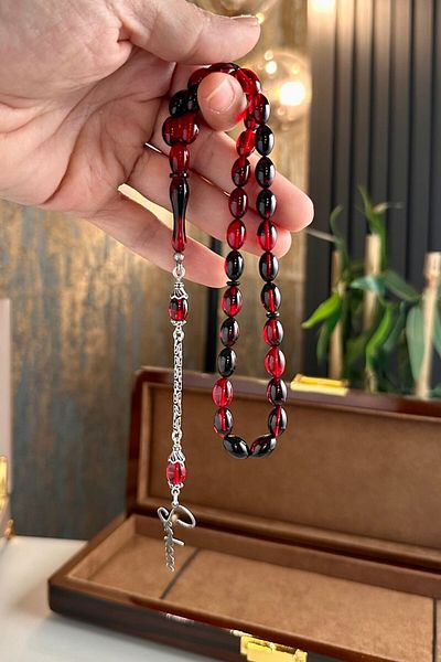 dergah tesbih Night Red Fire-i Amber Prayer Beads with Special Signature Design for Your Name