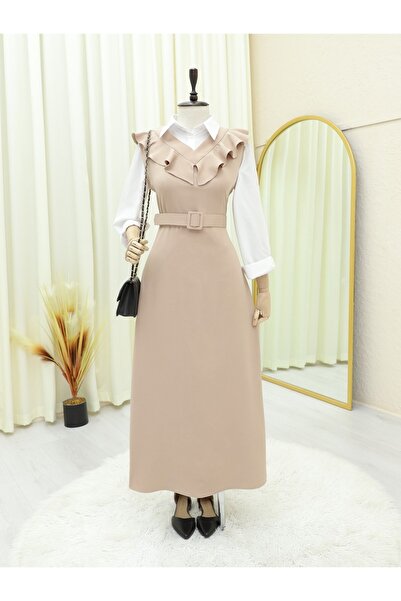 Modamorfo Μπεζ Gilet Φόρεμα με μακριά ζώνη με λαιμόκοψη V