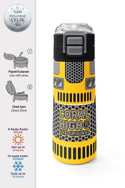 Coral High Kids Yellow Black Robot Patterned Steel Thermos with Straw and Direct Drinking 500 ml 31862