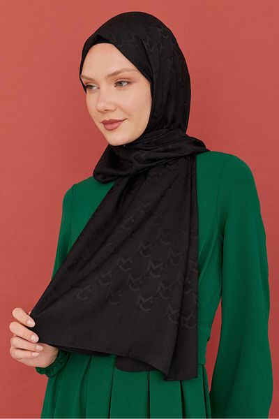 MİRSOY SCARF Shiny Jacquard Patterned Black Shawl