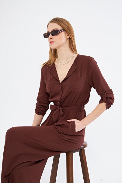 Pasaklı Giyim Women's Coffee Pocket Elastic Waist Belt Long Sleeve Round Neck Buttoned Comfortable Fit Jumpsuit 3297451