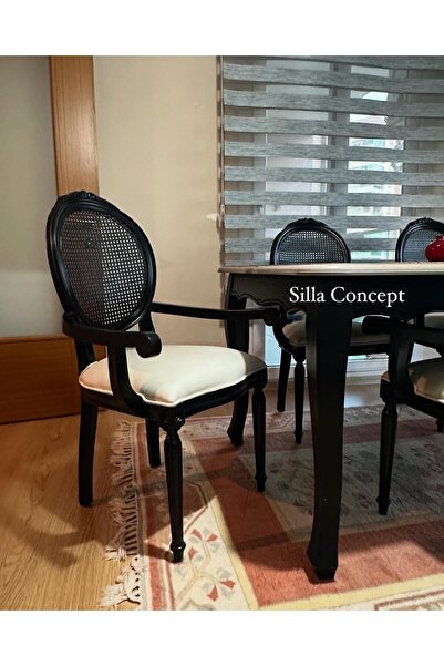 silla Concept Kollu Madalyon Sandalye Atlas Krem Kumaş Oymalı Hasırlı Siyah Renkli Ahşap Sandalye