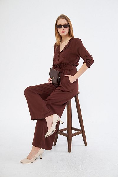 Pasaklı Giyim Women's Coffee Pocket Elastic Waist Belt Long Sleeve Round Neck Buttoned Comfortable Fit Jumpsuit 3297451