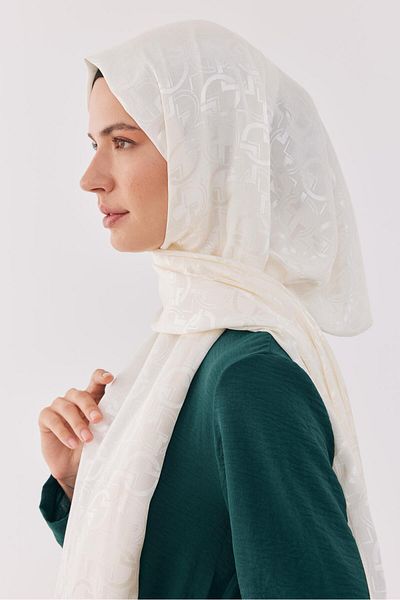 MİRSOY SCARF Shiny Jacquard Collar Patterned Shawl - Ecru