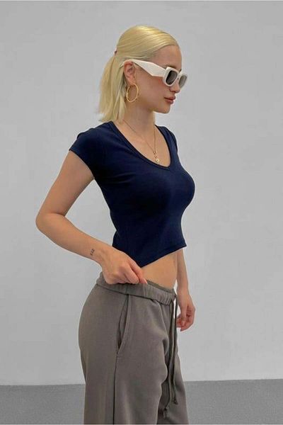 Madmext Γυναικείο T-Shirt Navy Blue V-Neck Basic Mg2450