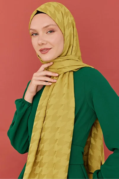 MİRSOY SCARF Oil Green Silky Jacquard Shawl - Houndstooth Patterned