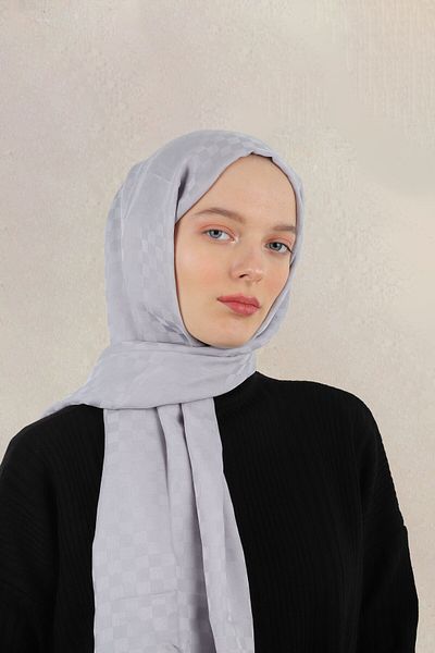 MİRSOY SCARF Ανοιχτό γκρι Μικρό Σάλι Ζακάρ με σχέδιο σκακιέρας