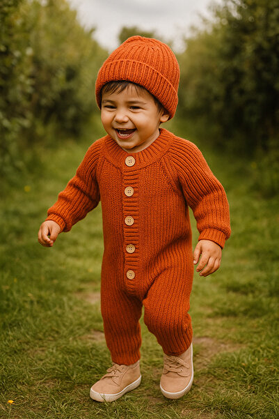 Nimini Kids Wooden Button Detailed Winter Unisex Beret Knitwear Baby Romper (Sizes for 0-1 Year Old)