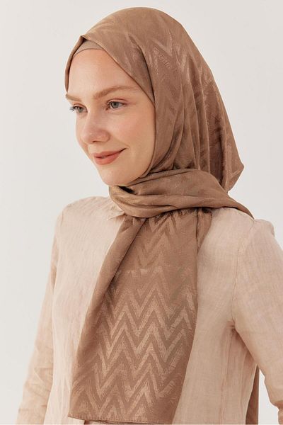 MİRSOY SCARF Shiny Jacquard Zigzag Patterned Shawl - Sand Beige