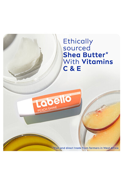 LABELLO Lip Balm, Peach Shine, 24H Moisture with Shea Butter, Vegan, 4.8g, Pack of 2