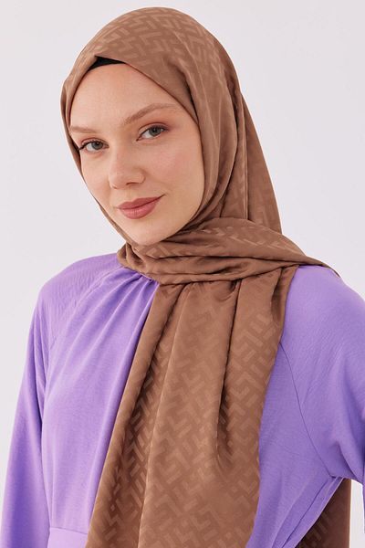 MİRSOY SCARF Mink Tetris Patterned Silky Jacquard Shawl
