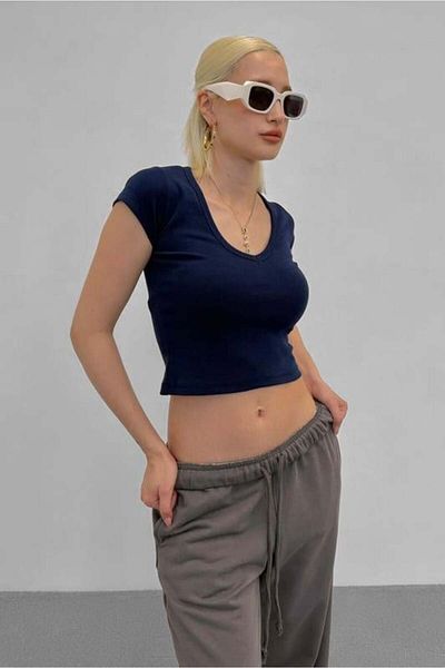 Madmext Γυναικείο T-Shirt Navy Blue V-Neck Basic Mg2450