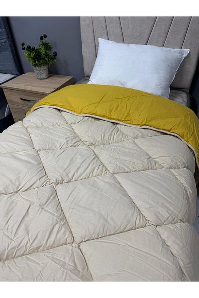 Clasy 100% Cotton Ranforce Single Quilt Double Sided Mustard-Cappuccino Plain Patterned Quilted