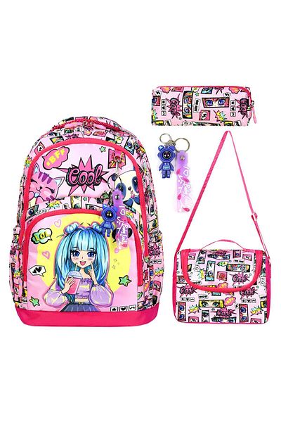 Bodmar Çanta Since 2023 Blue Haired Anime Patterned Triple Girl Elementary School School Bag (Bag Thermal Lunch Bag Pen Holder)