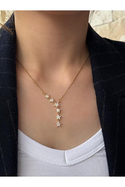 youngsem Stainles Steel Kayan Yıldızlı Gold Y Kolye Parlak Taşlı