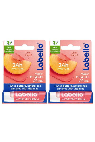 LABELLO Lip Balm, Peach Shine, 24H Moisture with Shea Butter, Vegan, 4.8g, Pack of 2