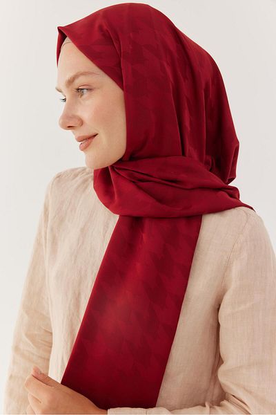 MİRSOY SCARF Burgundy Silky Jacquard Shawl - Houndstooth Patterned