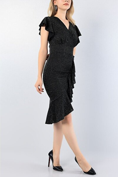 lovebox Μαύρη φούστα Flounce Glittery κρεπ βραδινό φόρεμα 121