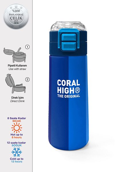 Coral High Kids Colorful Striped Patterned Straw and Direct Drinking Steel Thermos 500 ml 31895