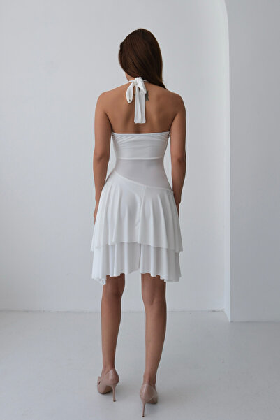 STANVİA Kadın Boyundan Bağlamalı Degaje Yaka Sandy Pileli Beyaz Mini Elbise