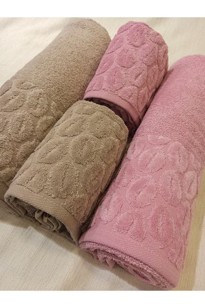 ŞENER HOME Σετ 4 τεμαχίων Bade Bath, Πετσέτα μπάνιου και κεφαλιού - Καφέ & λιλά