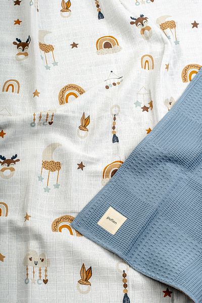 pufien 90X90 Indigo Waffle Pique and Muslin Patterned Reversible Multi-Purpose Cover & Blanket