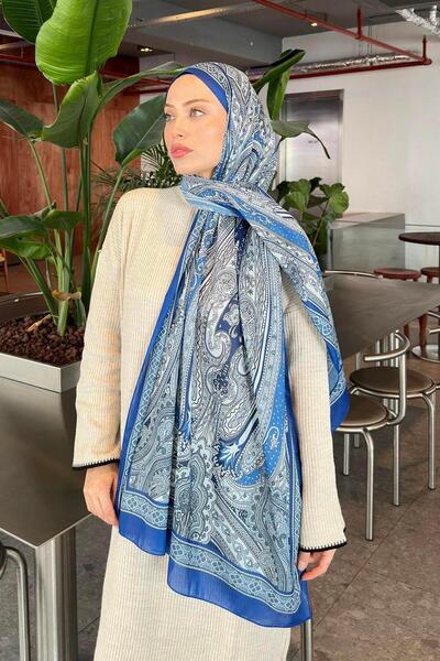 lamelif.com Retro Desen Pamuk Şal Mavi